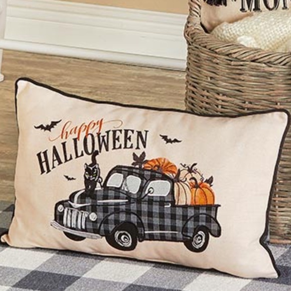 Happy Halloween Vintage Farm Truck w Black Cat Pumpkins Decorative Pillow New - Picture 2 of 2